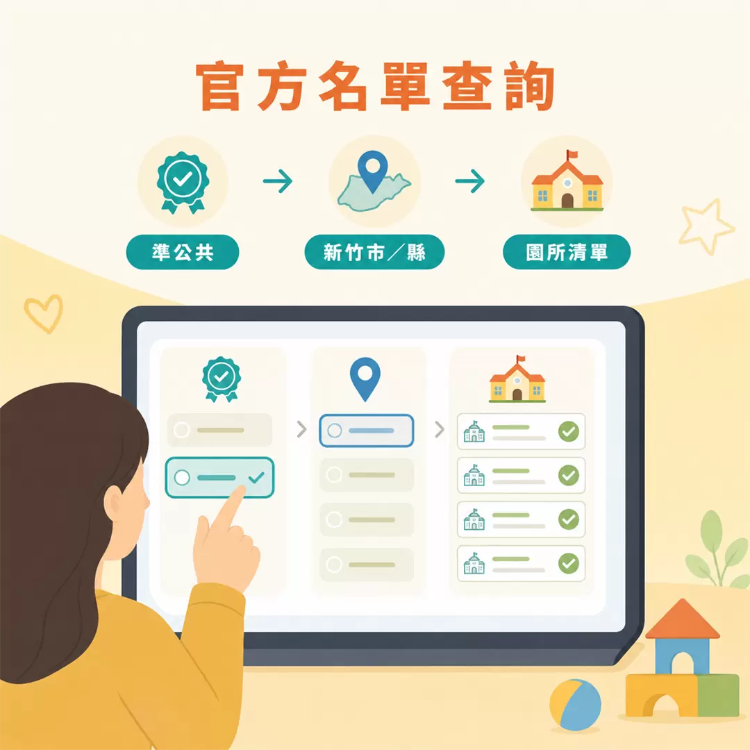 新竹準公共化幼兒園怎麼查?名單、補助與報名抽籤一次看懂 準公共幼兒園官方名單查詢流程示意