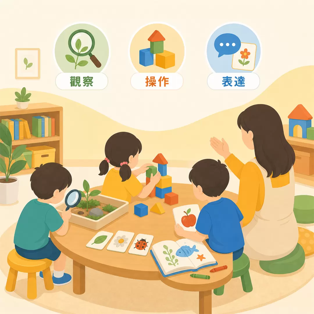 新竹市幼兒園推薦|金愛幼兒園怎麼陪孩子開始兒童美語啟蒙? 幼兒在主題式活動中觀察植物操作積木並表達想法